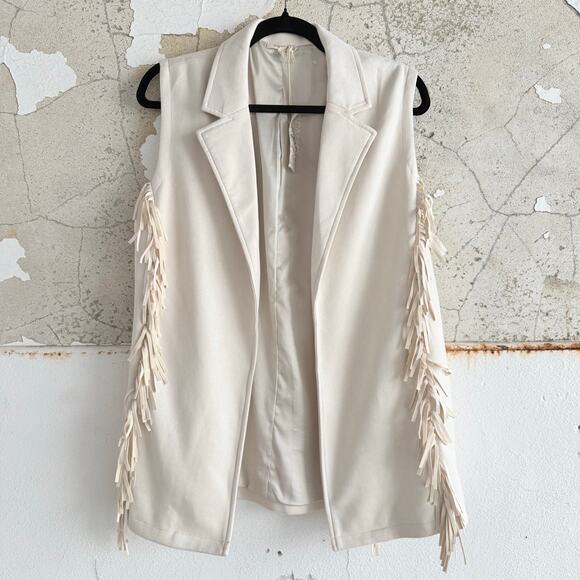 Mystree Jackets & Blazers - Fringe Vest NWT Faux Suede Longline Cream Western Boho Sleeveless Jacket Women M